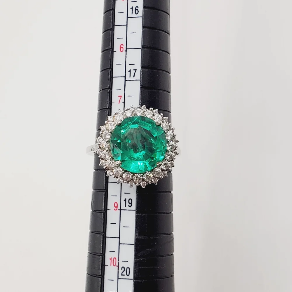 Emerald Green Quartz & White Zircon Halo Ring Platinum - 925 Sterling Silver